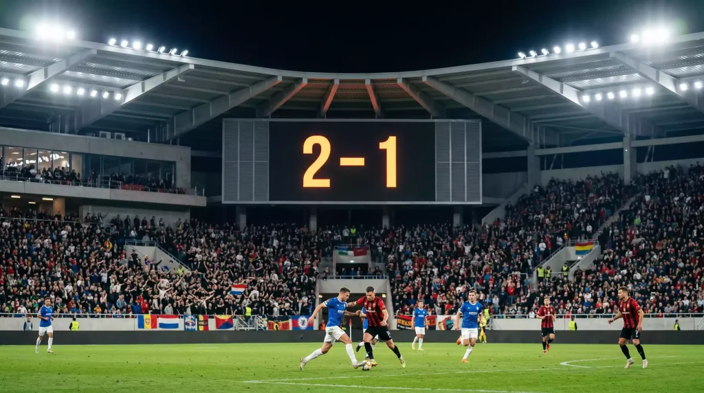 Marcador electrónico de un estadio MLS mostrando goles de ambos equipos durante un partido nocturno