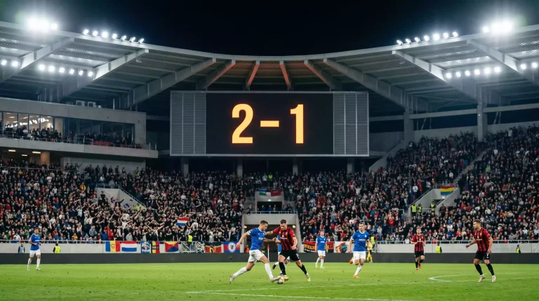 Marcador electrónico de un estadio MLS mostrando goles de ambos equipos durante un partido nocturno