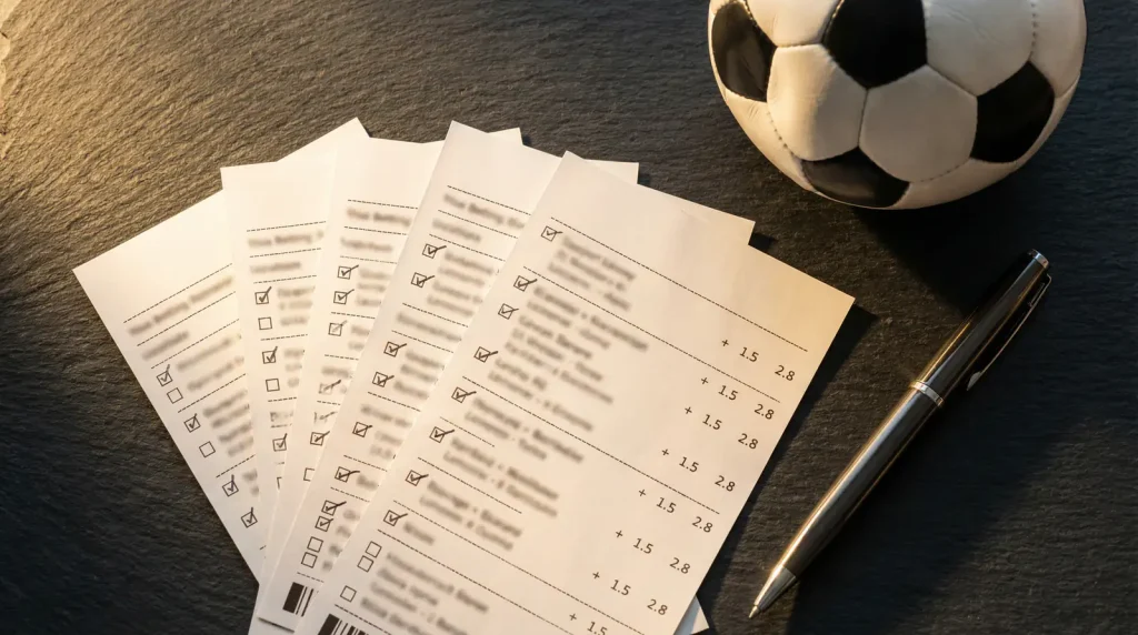 Boleto de apuestas combinadas con varios partidos de fútbol MLS seleccionados junto a un balón de fútbol