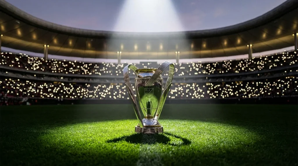 Trofeo de la MLS Cup sobre cesped verde de un estadio de futbol iluminado