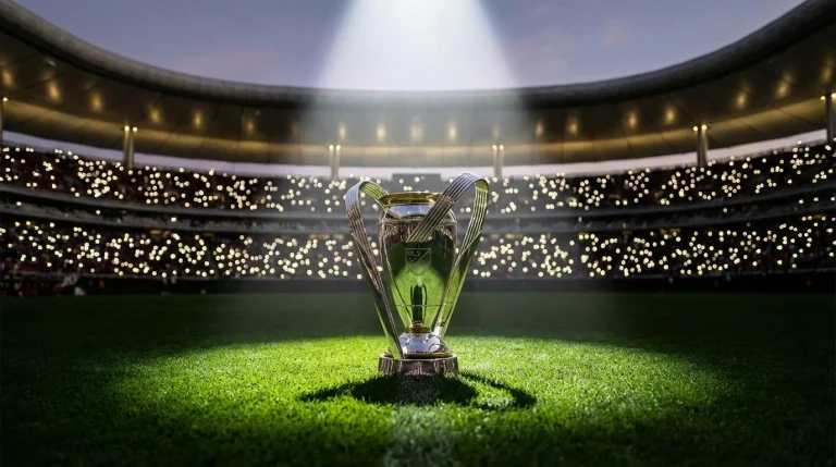 Trofeo de la MLS Cup sobre cesped verde de un estadio de futbol iluminado