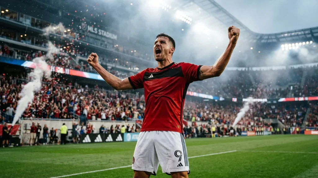 Delantero de futbol celebrando un gol en un estadio de la MLS con aficionados de fondo