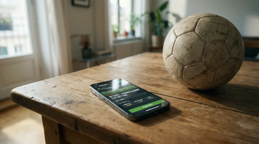 Telefono movil con aplicacion de apuestas deportivas y balon de futbol sobre una mesa