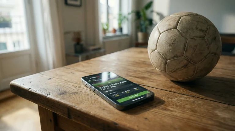 Telefono movil con aplicacion de apuestas deportivas y balon de futbol sobre una mesa