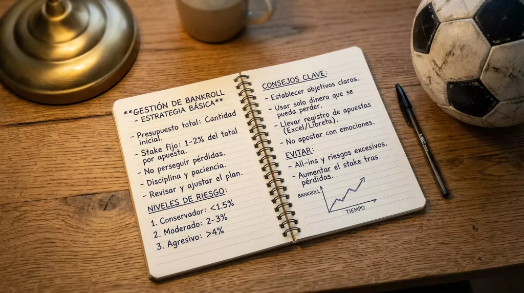 Cuaderno con anotaciones de apuestas deportivas junto a un balón de fútbol sobre un escritorio