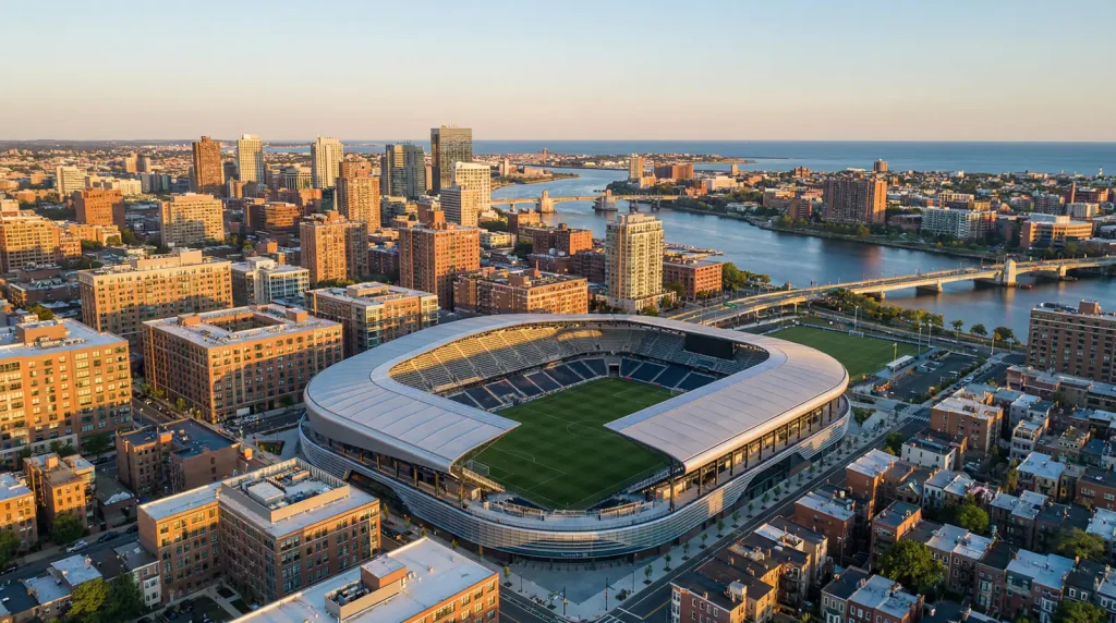Vista aerea de un estadio de futbol de la MLS en la costa este de Estados Unidos