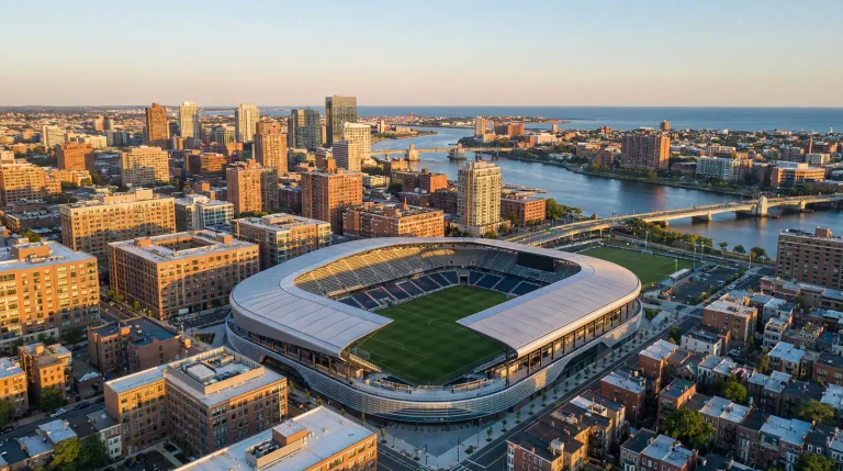 Vista aerea de un estadio de futbol de la MLS en la costa este de Estados Unidos