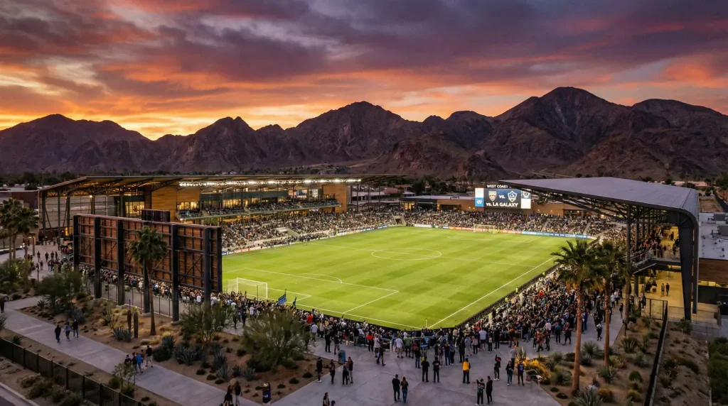 Estadio de futbol de la MLS en la costa oeste con montanas al atardecer