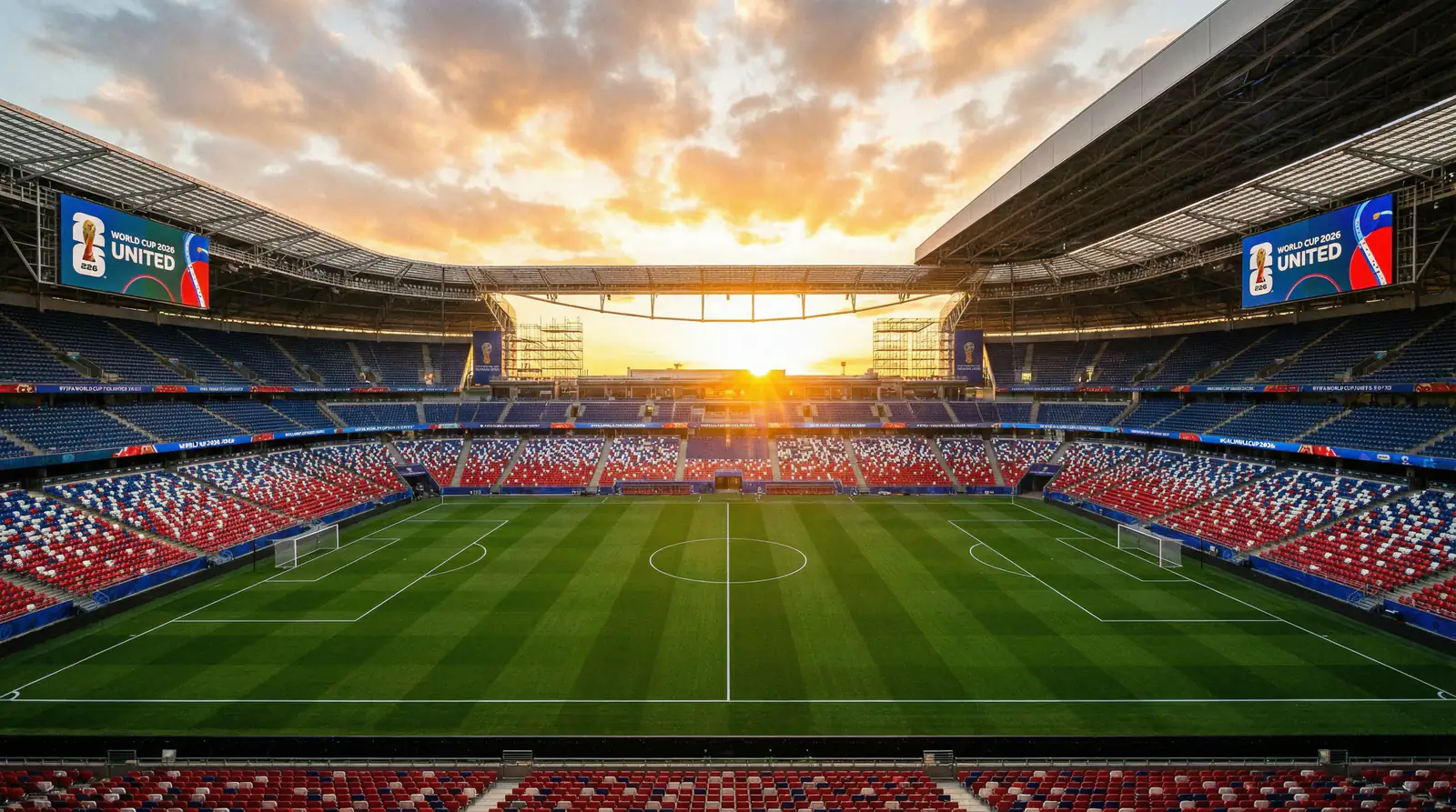 Estadio preparado para la Copa Mundial 2026 en Estados Unidos con gradas vacías al atardecer