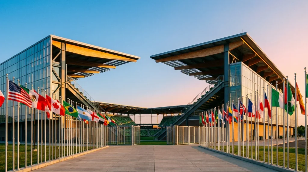 Estadio de fútbol moderno en Estados Unidos con banderas de diferentes países preparado para la Copa Mundial 2026
