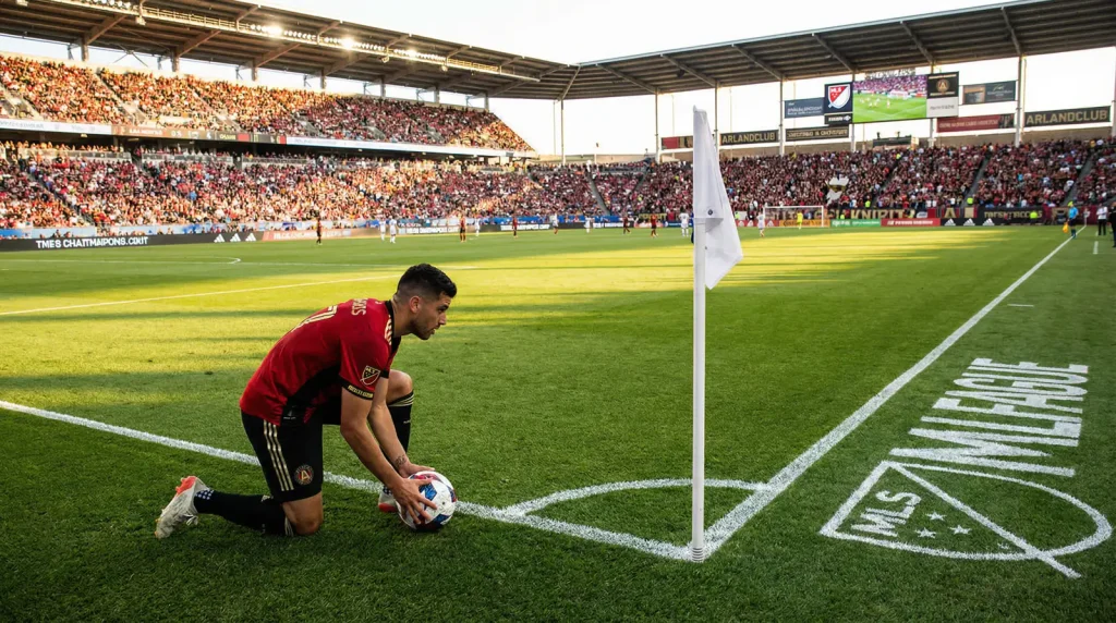 Jugador ejecutando un saque de esquina en un estadio de MLS