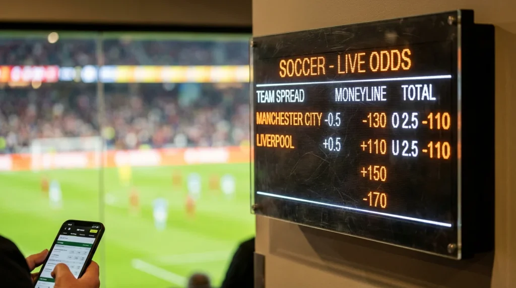 Pantalla de apuestas deportivas mostrando cuotas americanas en un partido de la MLS