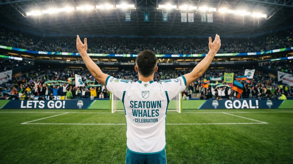 Jugador estrella de fútbol MLS celebrando un gol con la camiseta de su equipo en un estadio lleno de espectadores