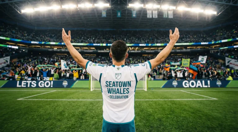 Jugador estrella de fútbol MLS celebrando un gol con la camiseta de su equipo en un estadio lleno de espectadores