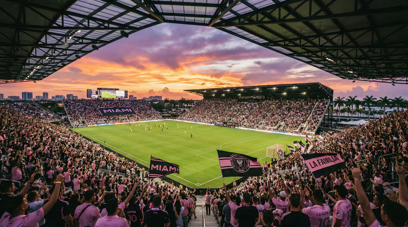 Aficionados del Inter Miami celebrando en el estadio durante un partido de la MLS