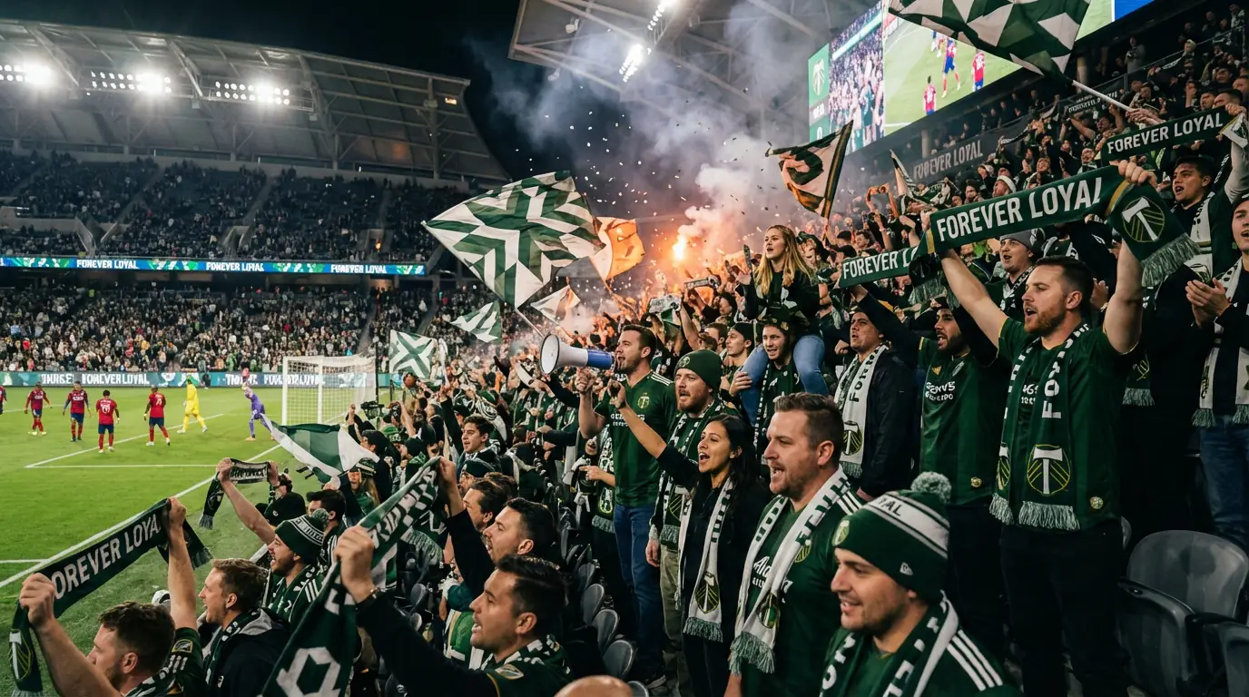 Estadio de la MLS lleno de aficionados durante un partido nocturno