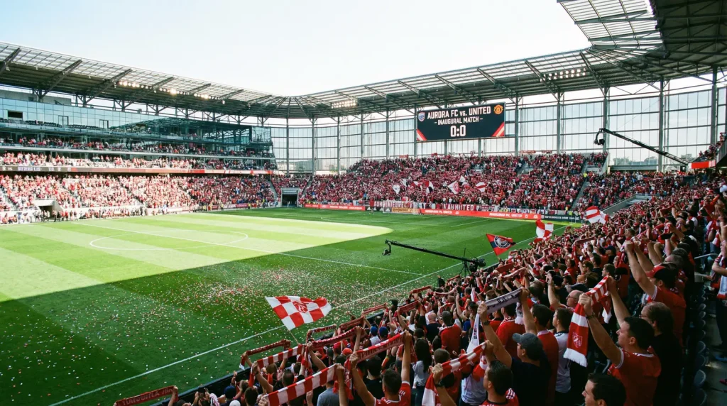Estadio de fútbol nuevo con tribunas llenas de aficionados en un partido inaugural de MLS