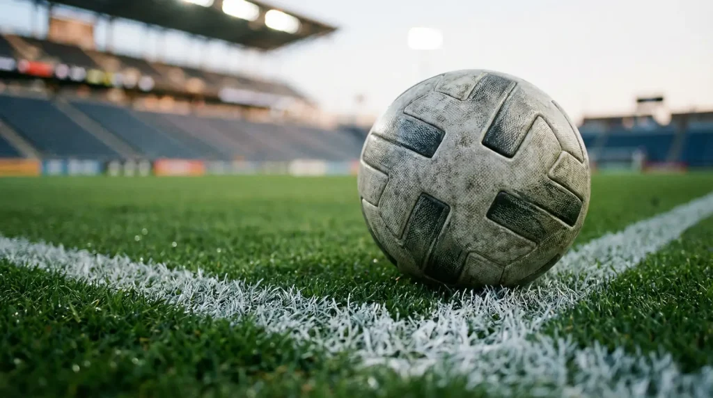 Balon de futbol sobre cesped de un campo de la MLS con lineas blancas marcadas