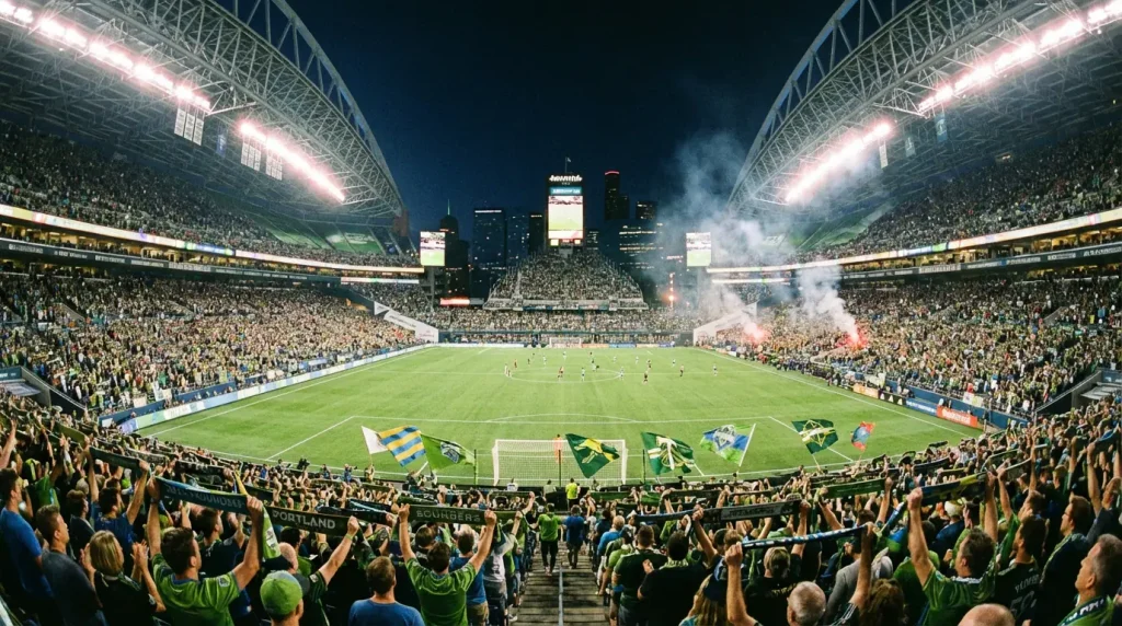 Estadio de la MLS lleno de aficionados durante un partido nocturno de futbol