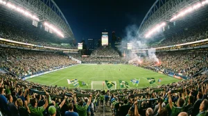 Estadio de la MLS lleno de aficionados durante un partido nocturno de futbol