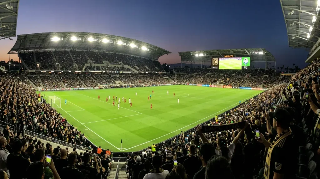 Partido de futbol de la MLS en curso visto desde la grada con campo iluminado