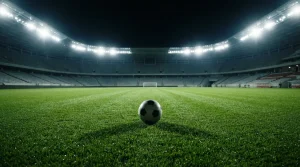 Balón de fútbol sobre césped con un estadio de MLS al fondo bajo luces nocturnas