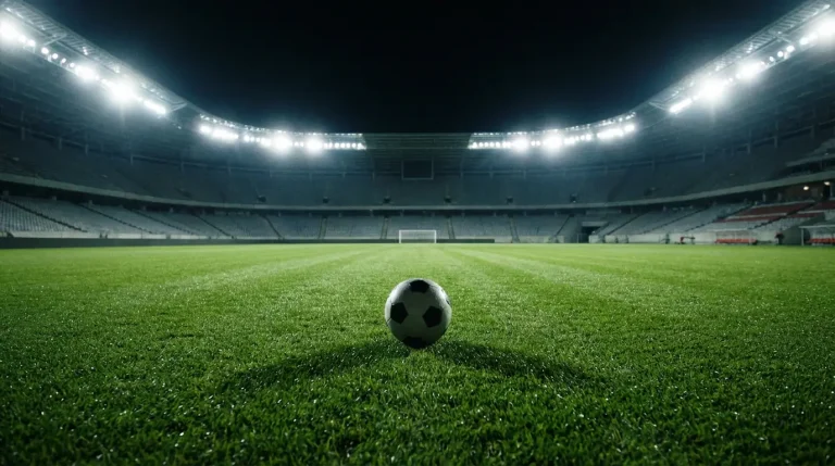 Balón de fútbol sobre césped con un estadio de MLS al fondo bajo luces nocturnas