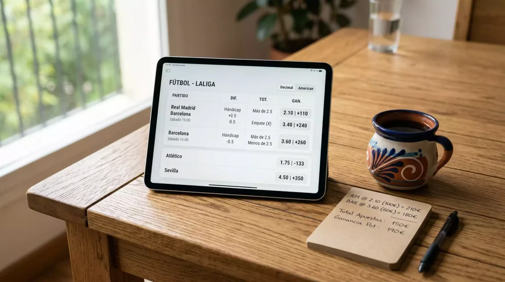 Pantalla de casa de apuestas mostrando momios y cuotas para partidos de fútbol MLS