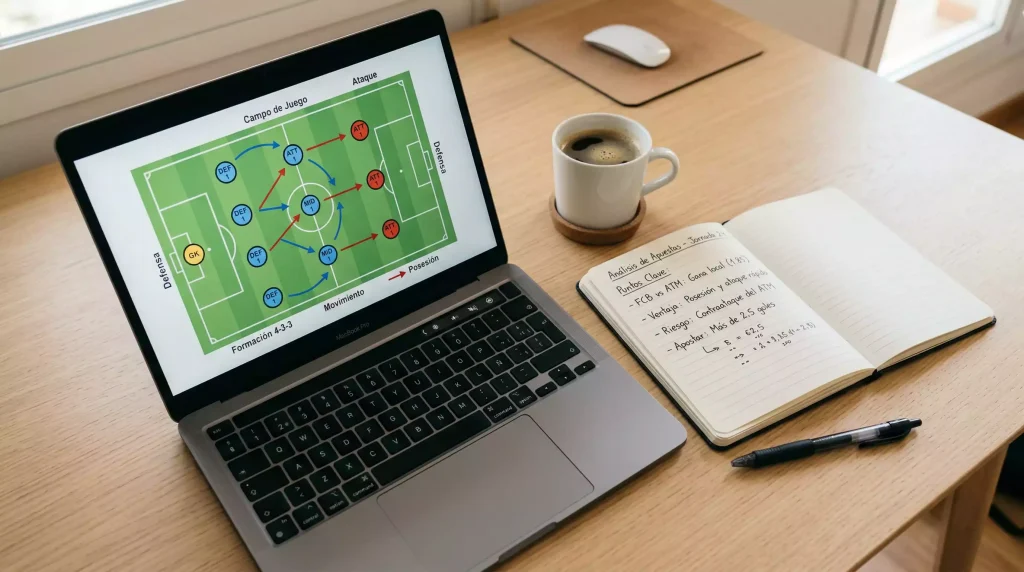 Pantalla de ordenador mostrando estadísticas de partidos de fútbol MLS junto a una libreta con anotaciones de pronósticos