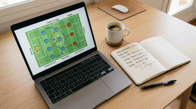 Pantalla de ordenador mostrando estadísticas de partidos de fútbol MLS junto a una libreta con anotaciones de pronósticos
