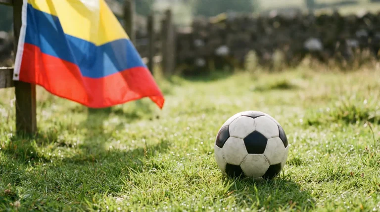 Bandera de Colombia junto a un balón de fútbol sobre césped verde