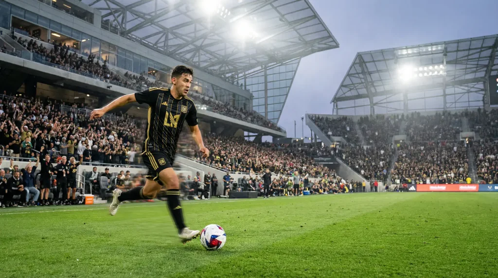 Jugador de futbol con camiseta negra y dorada corriendo con el balon en un estadio de la MLS