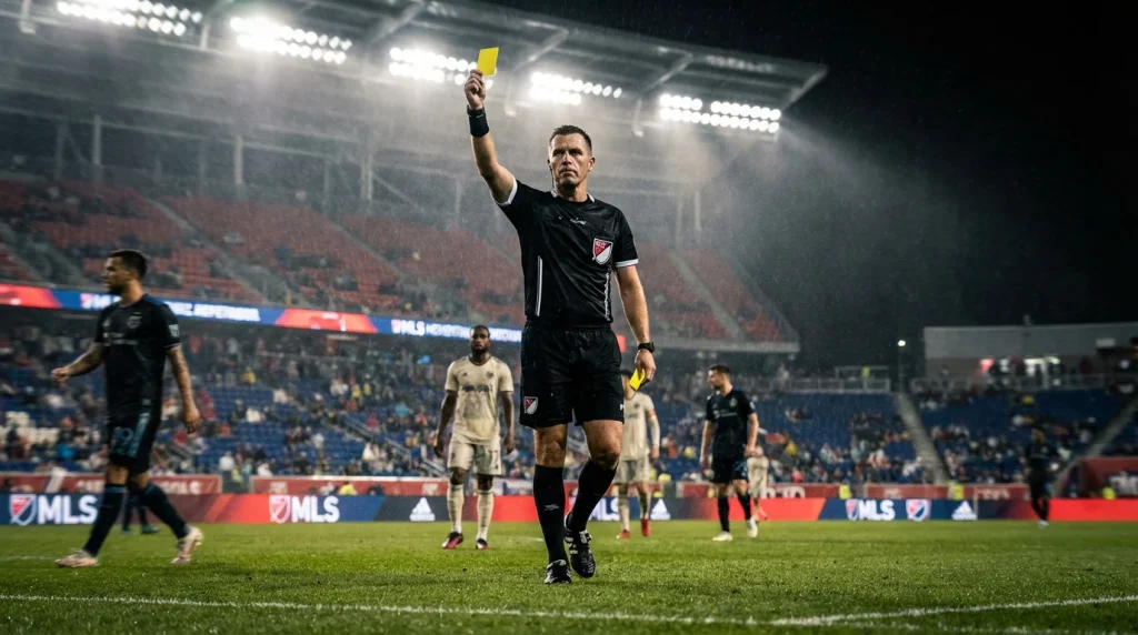Árbitro de fútbol mostrando tarjeta amarilla durante un partido de MLS